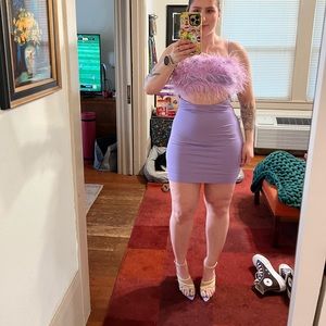 Lavender feather trim mini dress